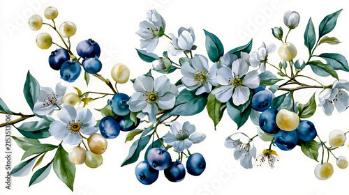 A bunch of blueberries and white flowers on a branch