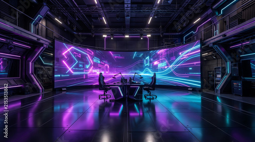 A modern gaming studio features a curved digital screen displaying vibrant neon pink and.