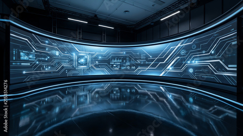 A futuristic digital wall displays glowing blue circuit board patterns in a dark room.