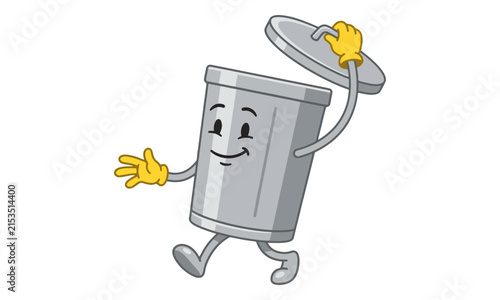 Trash Can Mascot Character Walking with Open Lid