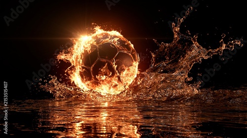 Soccer ball wrapped in flames striking water, creating a powerful splash and reflections, symbolizing intense energy and competitive passion
