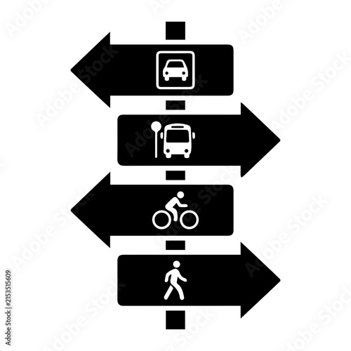 Urban directional road sign with car bus cycle and pedestrian icons in black silhouette for city navigation.
