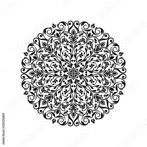 Black and white circular mandala pattern with intricate floral design