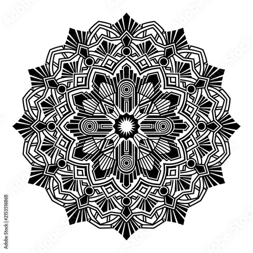 Black and white circular mandala pattern with detailed geometric shapes