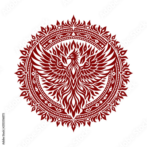 Red phoenix bird circular emblem design with intricate tribal pattern
