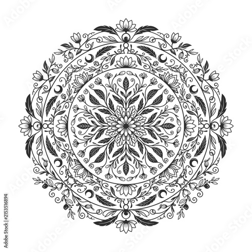 Black and white floral mandala pattern design with intricate line details
