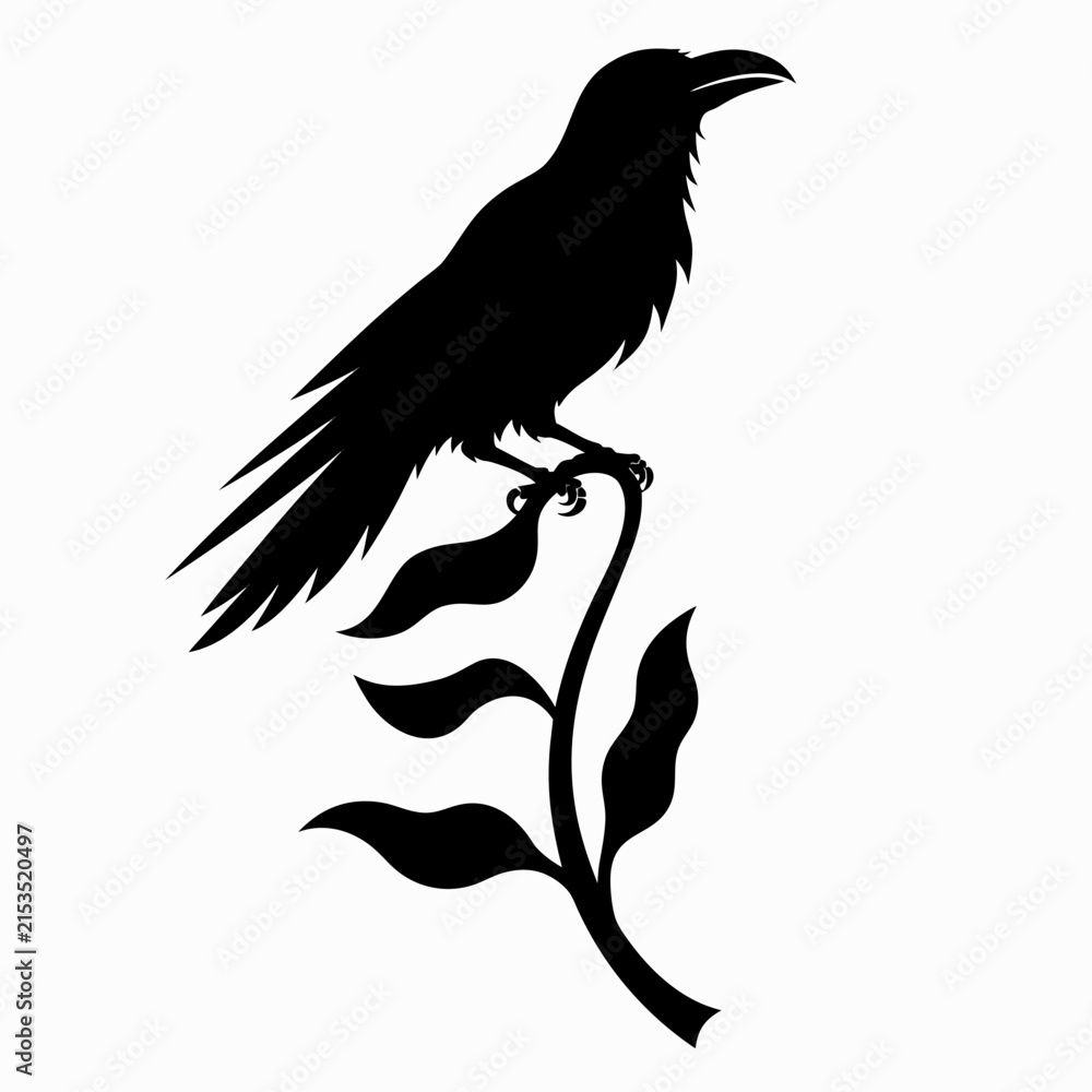 Obraz premium Silhouette illustration of a raven perched on a branch with silhouette wildlife illustration