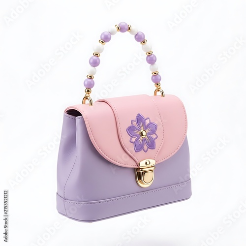 Cute lavender and pink beaded handbag isolated on white background