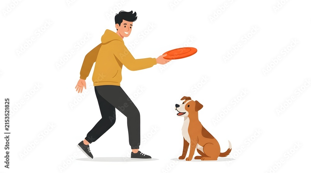 Naklejka premium Young Man Playing Frisbee Flying Disc with Dog Outdoor