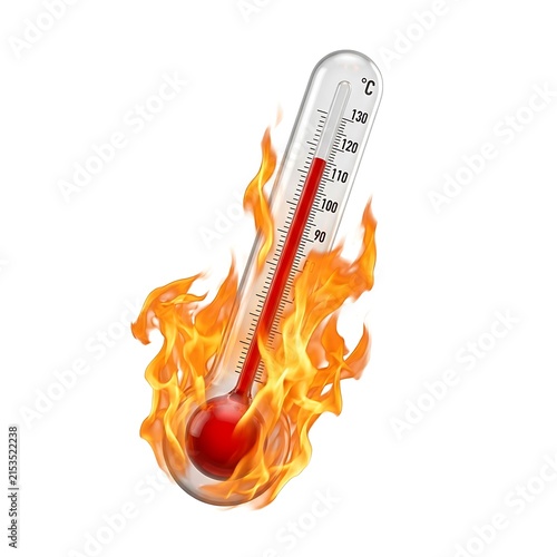 Thermometer engulfed in flames isolated on white background