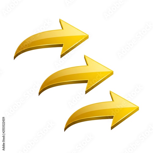 Three golden 3d arrows pointing to the right isolated on white background