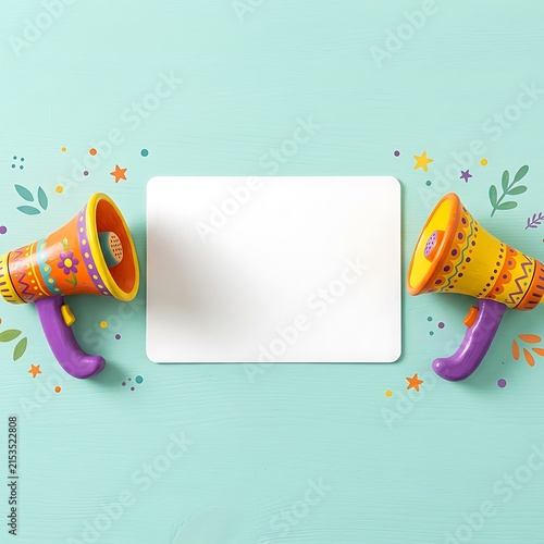 Two colorful decorative megaphones with a blank white sign on a light blue background