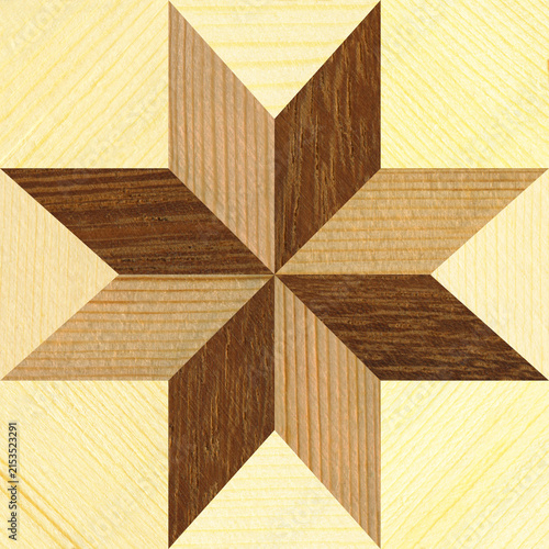 Walnut and Pine Wood Marquetry Compass Star Parquet Pattern Texture