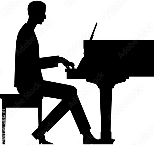 Man Playing Grand Piano Vector Illustration in Black Silhouette