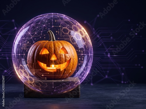 Illuminated jack o'lantern protected inside a holographic digital shield with circuit patterns for cyberpunk halloween tech background and banner