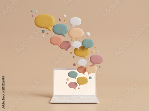 A stylized, pastel-colored laptop emitting an array of 3D chat and speech bubbles against a neutral beige background.