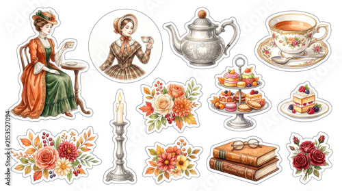 Victorian tea party clipart collection, sticker set, vintage fashion, floral elements, autumn setting, afternoon tea, decorative stickers, elegant style, British tradition, antique design