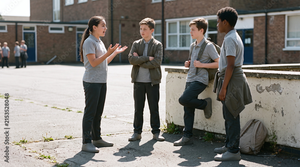 Fototapeta premium Diverse students talking together in school courtyard