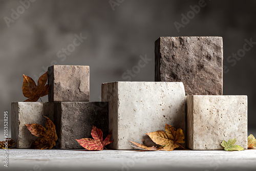 Minimal Stone Podium Blocks With Autumn Leaves Modern Product Display Background