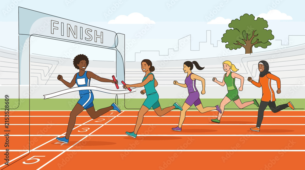 Fototapeta premium Athletes compete on an outdoor stadium track as the lead runner crosses the finish line during a race.
