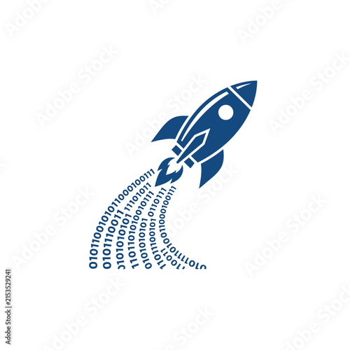 A blue rocket icon launching with binary code trail effect