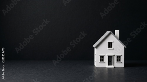 Minimal White House Model on Dark Black Background with Large Left Copy Space for Premium Real Estate, Mortgage, Property Investment and Housing Concept