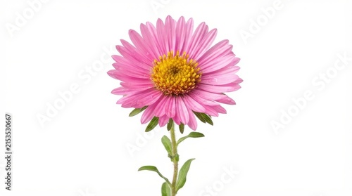 Single pink aster flower with yellow center and green stem