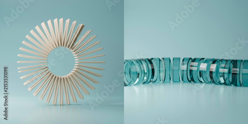 White radial geometric structure and row of glass discs on light blue background