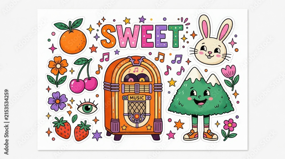 Naklejka premium Retro Sticker Set with Jukebox, Cartoon Mountain, Bunny, and Fruit Icons in 70s Vintage Style
