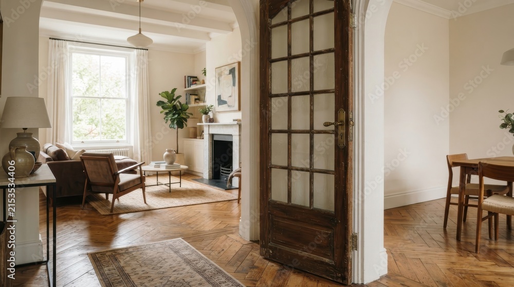 Fototapeta premium Modern living room interior with wooden arched door and herringbone floors