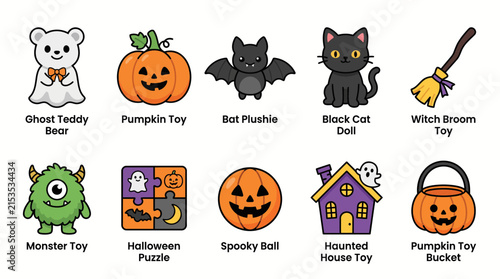 Set of cute Halloween themed toys and icons for children.