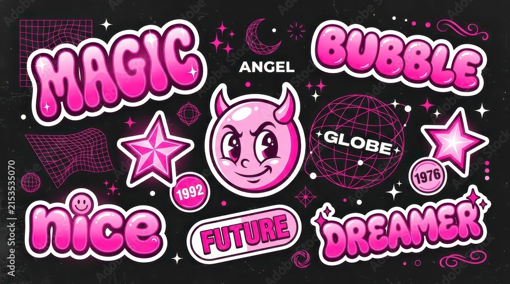 Obraz premium Retro Y2K Aesthetic Sticker Set with Pink Bubble Text, Stars, and Cyberpunk Elements on Dark Background