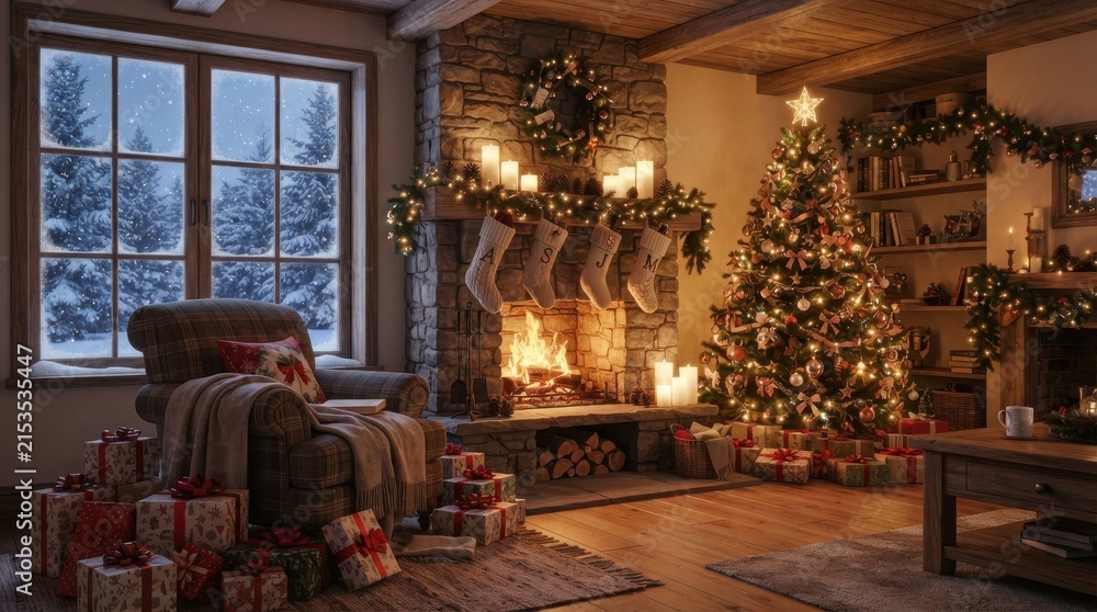 Fototapeta premium Cozy living room interior decorated for Christmas with fireplace and tree