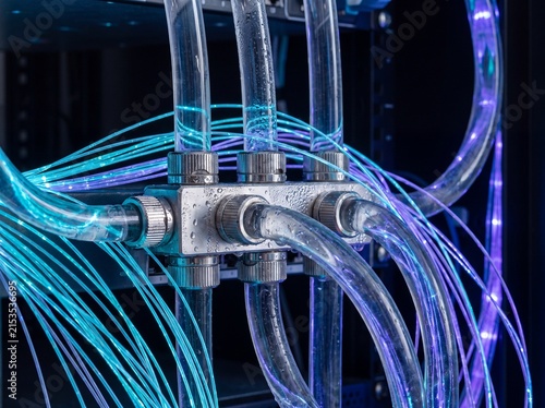 Macro Close-Up of Illuminated Fiber Optic Cables and Liquid Cooling System