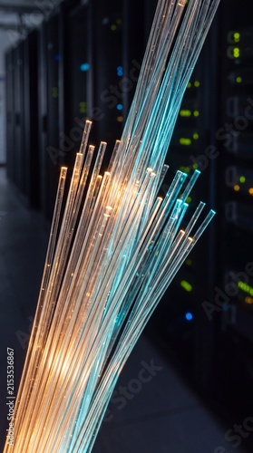 Glowing Fiber Optic Cables Close Up in Data Center