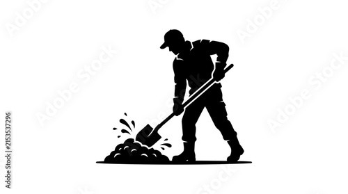 Gardener digging with shovel black silhouette against white background