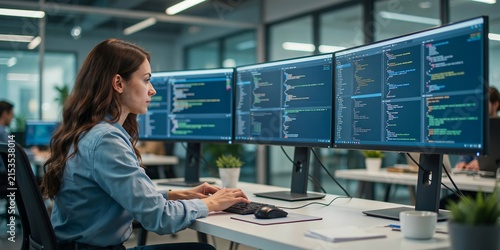 Woman programmer typing on keyboard in front of multiple monitors displaying code in a modern office