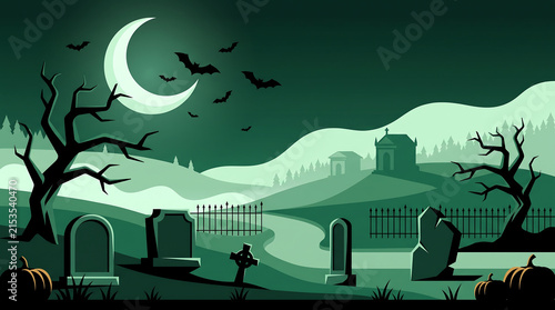 Spooky Halloween graveyard scene with full moon, bats, and eerie tombstones at night