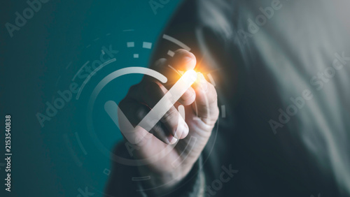 Business audit concept with a large checkmark symbol, representing verification, compliance, accuracy, quality control, document review, approval, governance and professional assurance.
