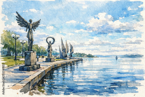Watercolor petrozavodsk embankment with winged statue in foreground, lake onega, sculptures, trees and boat under cloudy blue sky in background. concept of russian travel heritage