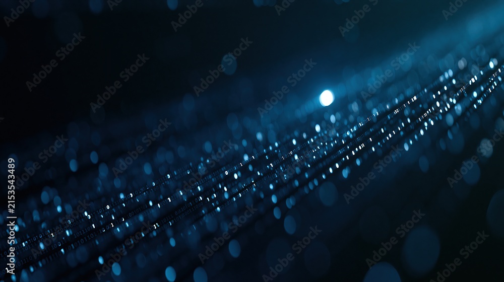 Fototapeta premium Abstract blue digital data stream with glowing binary code flowing diagonally through a dark futuristic background