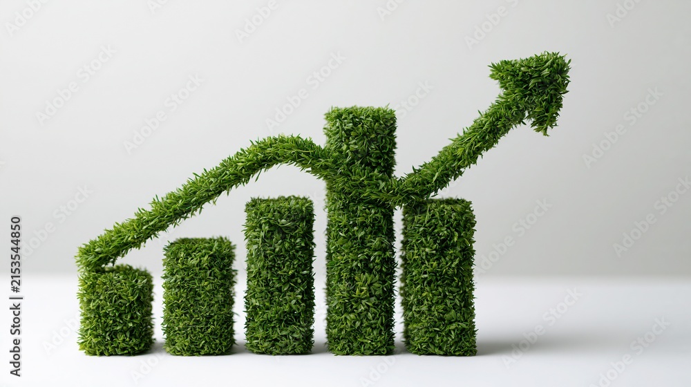 Fototapeta premium Green grass chart showing upward growth trend with increasing bar heights and rising arrow on white background
