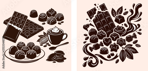Chocolate vector illustration set with cocoa beans truffles hot chocolate cup and sweet candy elements