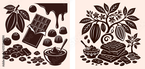 Cocoa and chocolate vector illustration set with cocoa tree, chocolate bars, truffles, and beans for packaging design