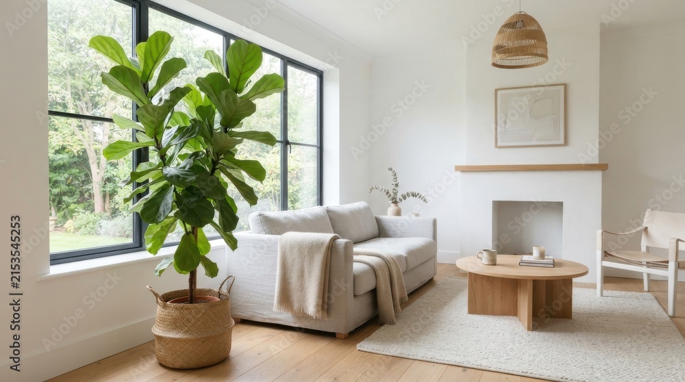 Fototapeta premium Modern minimalist living room interior with fiddle leaf fig plant