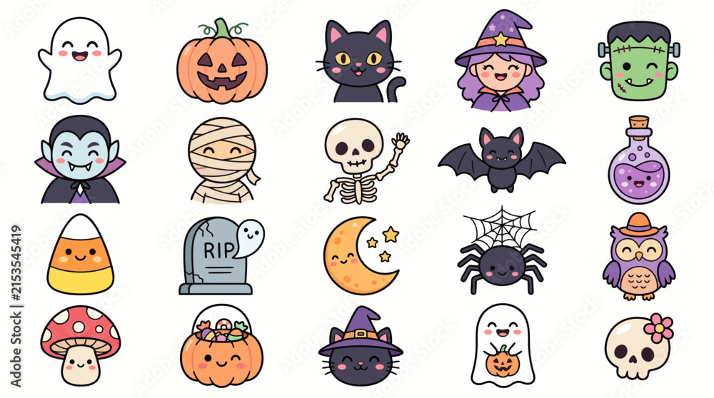 Fototapeta premium Colorful Halloween Cartoon Icons Collection with Spooky Creatures Pumpkins and Witch Characters