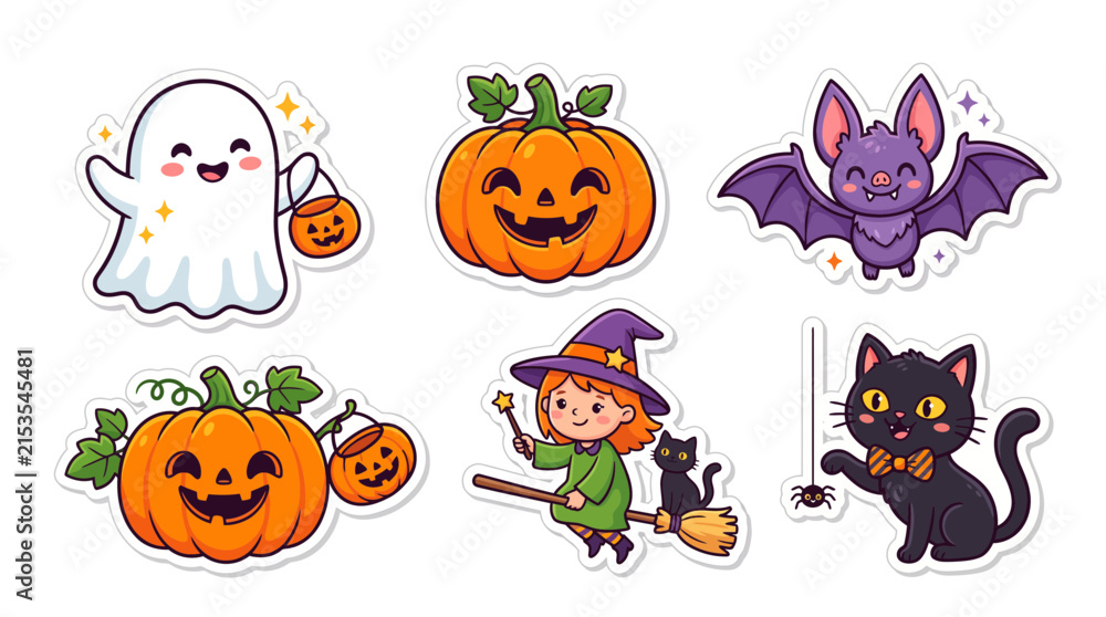Fototapeta premium Colorful Halloween Cartoon Sticker Set with Cute Witch Ghost Pumpkin and Black Cat