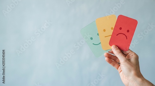 A hand holding three colorful feedback cards with smiley neutral and sad face expressions depicting customer satisfaction levels on a light background