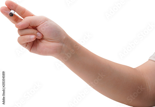 A woman holding a cigarette against a transparent background.