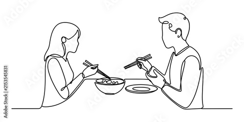 Young couple eating dinner together with chopsticks in a continuous line drawing style